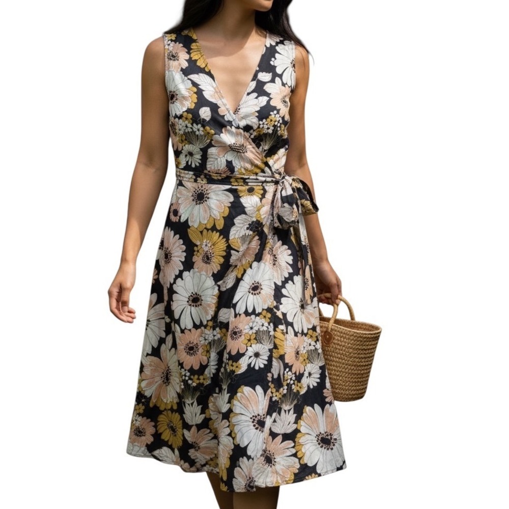 Jucca Floral Cotton Wrap Dress Sleeveless V-Neck Retro Daisy Print Made in Italy